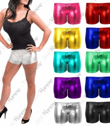 New Womens Metallic Foil Wet Look Hot Mini Pants PVC Shiny Disco Gym Party Short