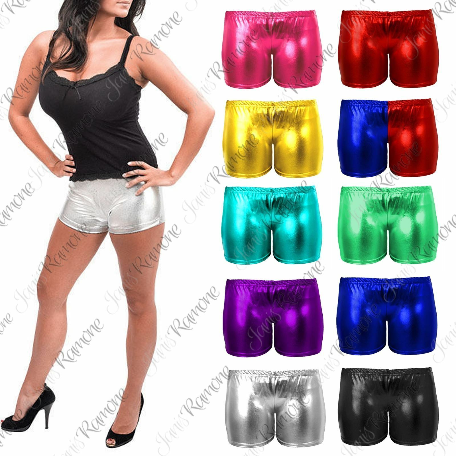 New-Womens-Metallic-Foil-Wet-Look-Hot-Mini-Pants-PVC-Shiny-Disco-Gym-Party-Short New Womens Metallic Foil Wet Look Hot Mini Pants PVC Shiny Disco Gym Party Short