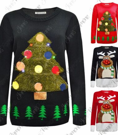 New Womens Unisex Men Christmas Tree Light Up Rudolph Novelty LED Jumper Sweater