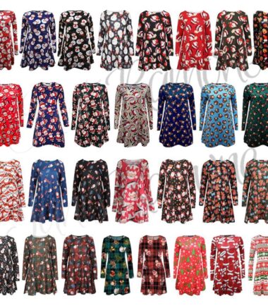 New Womens Long Sleeves Christmas Print Swing Dress Ladies Flared Dress Top