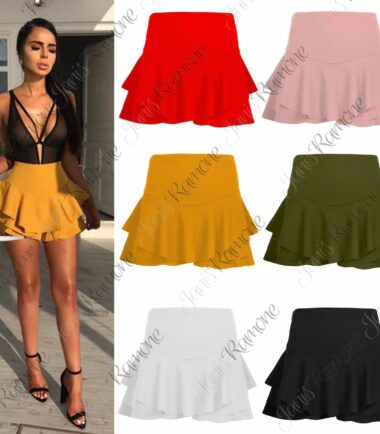 New Womens Plain Layered Ruffled Frill Skorts High Waisted Mini Skirt Shorts