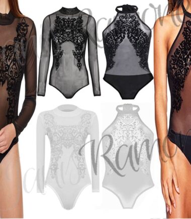 New Womens Ladies Floral Flocked Mesh High Halter Neck Sexy Bodysuit Leotard Top