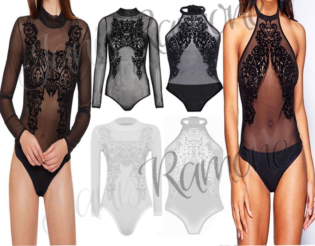 New-Womens-Ladies-Floral-Flocked-Mesh-High-Halter-Neck-Sexy-Bodysuit-Leotard-Top New Womens Ladies Floral Flocked Mesh High Halter Neck Sexy Bodysuit Leotard Top
