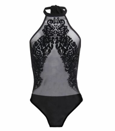 New-Womens-Ladies-Floral-Flocked-Mesh-High-Halter-Neck-Sexy-Bodysuit-Leotard-Top New Womens Ladies Floral Flocked Mesh High Halter Neck Sexy Bodysuit Leotard Top