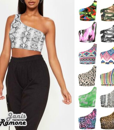 Womens One Shoulder Printed Sleeveless Sports Bralet Blouse Summer Vest Crop Top