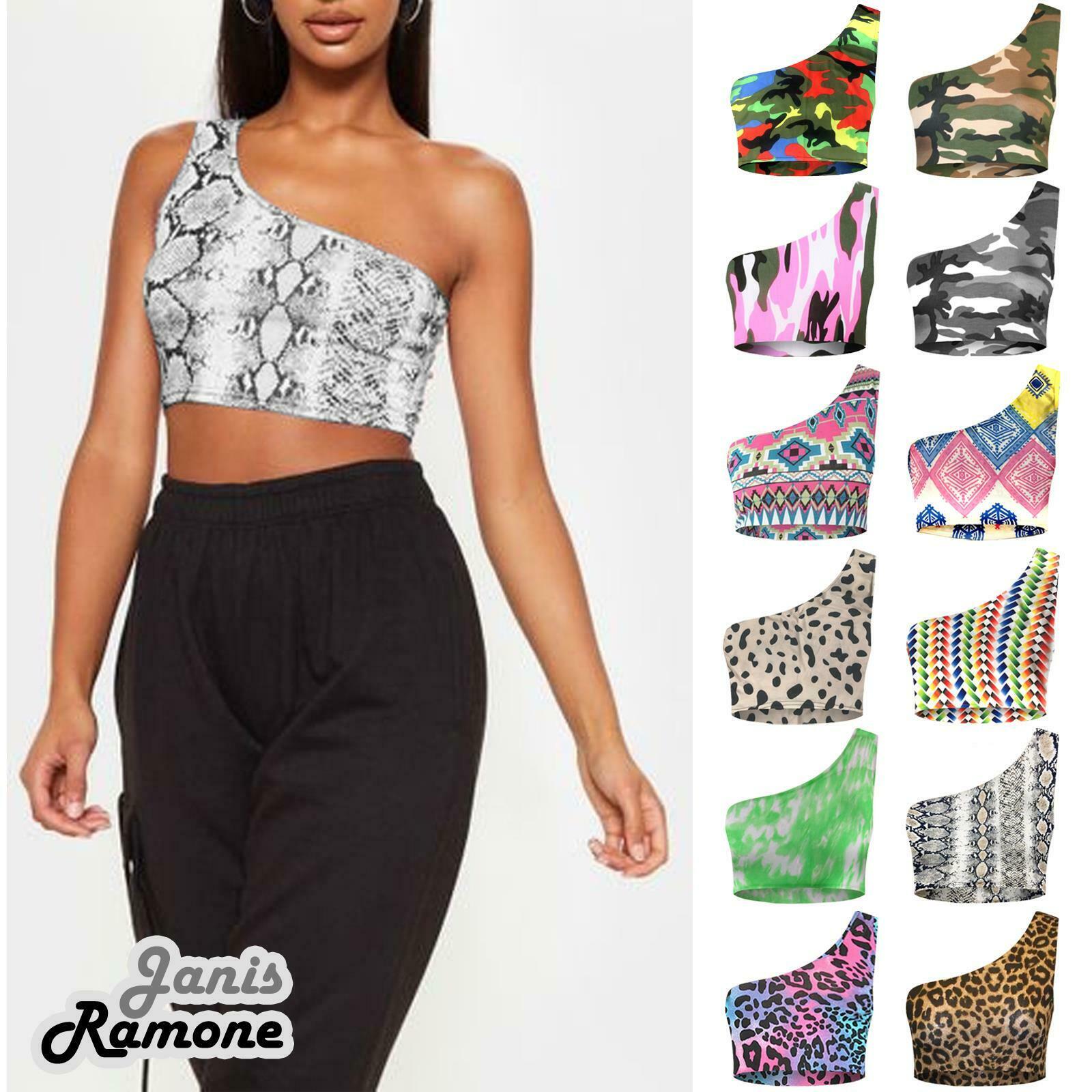 Womens-One-Shoulder-Printed-Sleeveless-Sports-Bralet-Blouse-Summer-Vest-Crop-Top Womens One Shoulder Printed Sleeveless Sports Bralet Blouse Summer Vest Crop Top