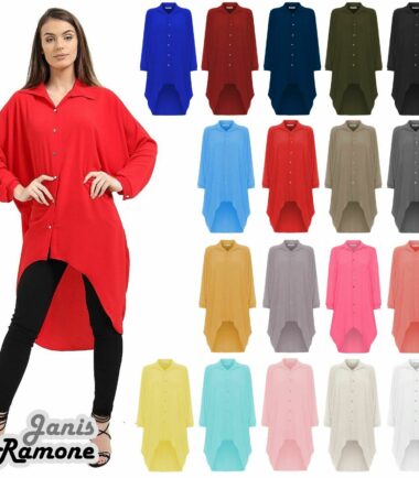 Womens Hi Lo Button Long Sleeve Collared Plain Chiffon Shirt Dress Dip Hem Top