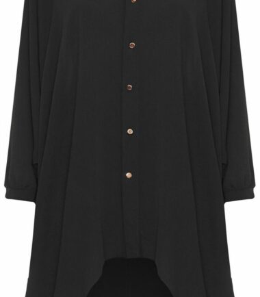 Womens Hi Lo Button Long Sleeve Collared Plain Chiffon Shirt Dress Dip Hem Top