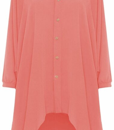 Womens Hi Lo Button Long Sleeve Collared Plain Chiffon Shirt Dress Dip Hem Top