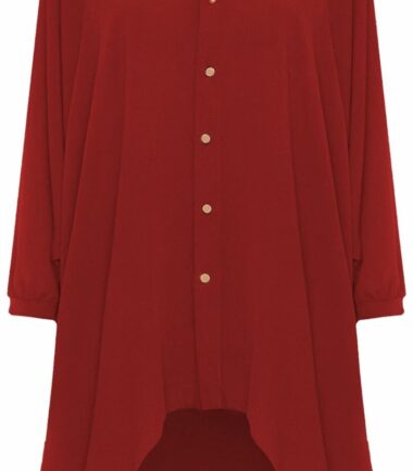 Womens Hi Lo Button Long Sleeve Collared Plain Chiffon Shirt Dress Dip Hem Top
