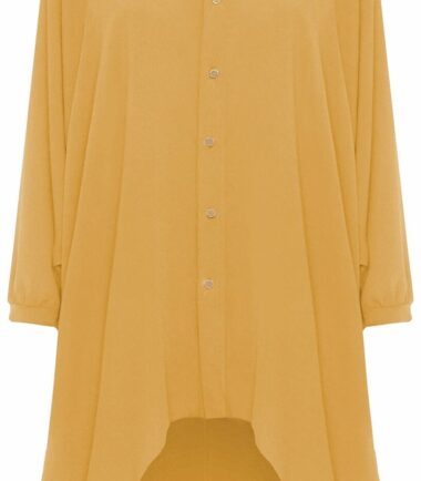 Womens Hi Lo Button Long Sleeve Collared Plain Chiffon Shirt Dress Dip Hem Top