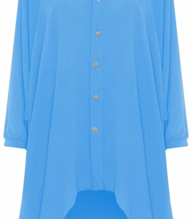 Womens Hi Lo Button Long Sleeve Collared Plain Chiffon Shirt Dress Dip Hem Top