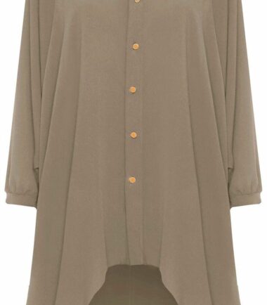 Womens Hi Lo Button Long Sleeve Collared Plain Chiffon Shirt Dress Dip Hem Top