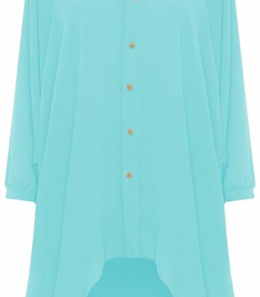 Womens Hi Lo Button Long Sleeve Collared Plain Chiffon Shirt Dress Dip Hem Top