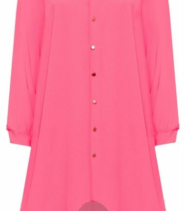 Womens Hi Lo Button Long Sleeve Collared Plain Chiffon Shirt Dress Dip Hem Top