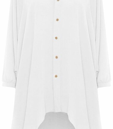 Womens Hi Lo Button Long Sleeve Collared Plain Chiffon Shirt Dress Dip Hem Top