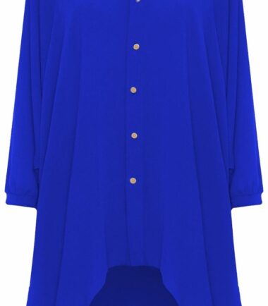 Womens Hi Lo Button Long Sleeve Collared Plain Chiffon Shirt Dress Dip Hem Top