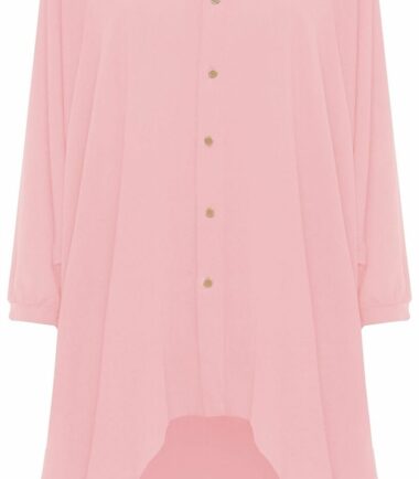 Womens Hi Lo Button Long Sleeve Collared Plain Chiffon Shirt Dress Dip Hem Top