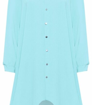 Womens Hi Lo Button Long Sleeve Collared Plain Chiffon Shirt Dress Dip Hem Top