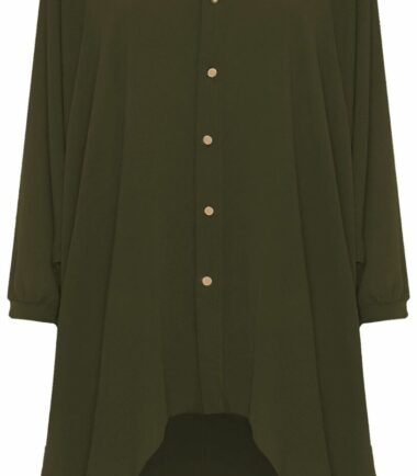 Womens Hi Lo Button Long Sleeve Collared Plain Chiffon Shirt Dress Dip Hem Top