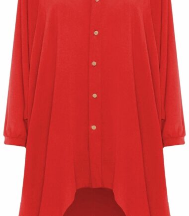 Womens Hi Lo Button Long Sleeve Collared Plain Chiffon Shirt Dress Dip Hem Top