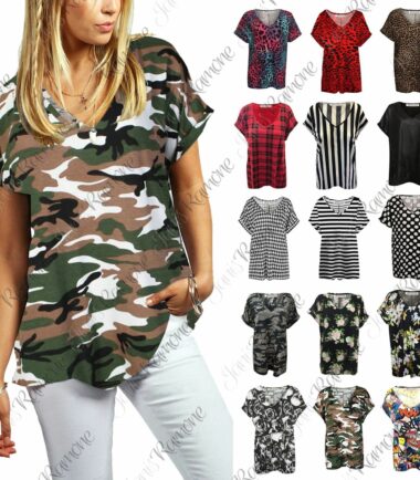 New Women Ladies Printed V Neck Turn Up Short Sleeve Loose Baggy Fit T Shirt Top