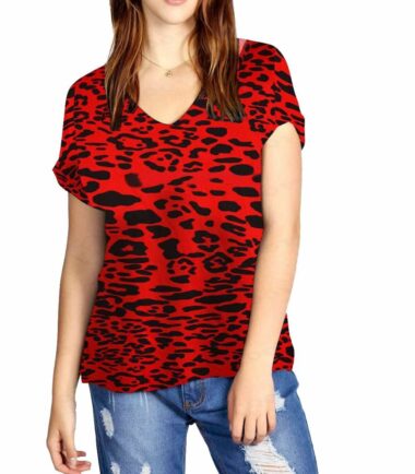 New-Women-Ladies-Printed-V-Neck-Turn-Up-Short-Sleeve-Loose-Baggy-Fit-T-Shirt-Top New Women Ladies Printed V Neck Turn Up Short Sleeve Loose Baggy Fit T Shirt Top