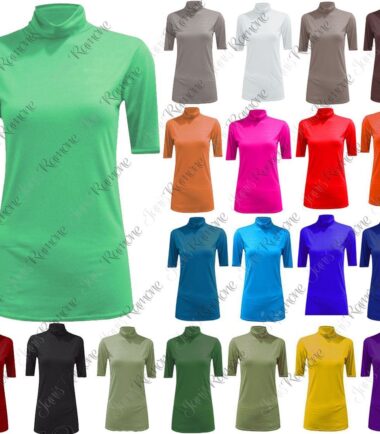 New Womens Short Sleeve Plain Polo Turtle Neck Stretchy Basic T-shirt Vest Top