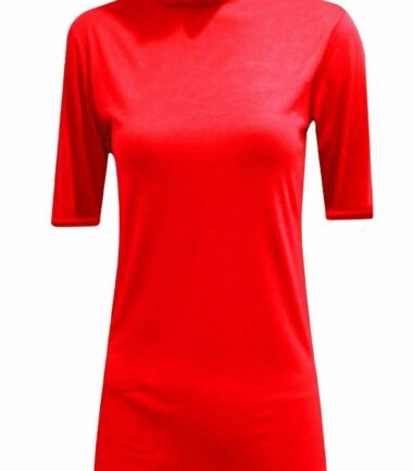 New Womens Short Sleeve Plain Polo Turtle Neck Stretchy Basic T-shirt Vest Top