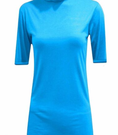 New Womens Short Sleeve Plain Polo Turtle Neck Stretchy Basic T-shirt Vest Top
