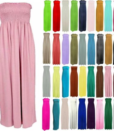 New Womens Plain Bandeau Boobtube Strapless Sheering Summer Maxi Long Dress Top