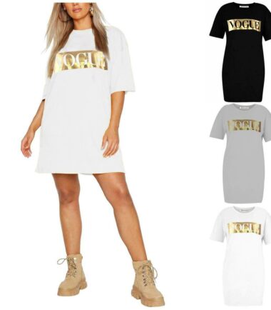 Womens Gold Foil Vogue Slogan Print Baggy Oversized Tunic Longline T-Shirt Dress