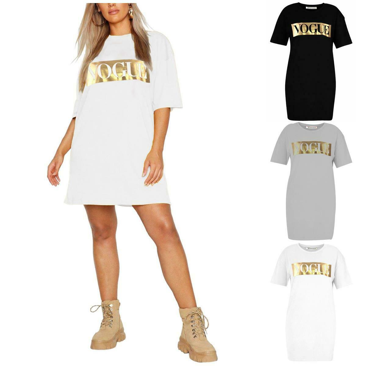 Womens-Gold-Foil-Vogue-Slogan-Print-Baggy-Oversized-Tunic-Longline-T-Shirt-Dress Womens Gold Foil Vogue Slogan Print Baggy Oversized Tunic Longline T-Shirt Dress