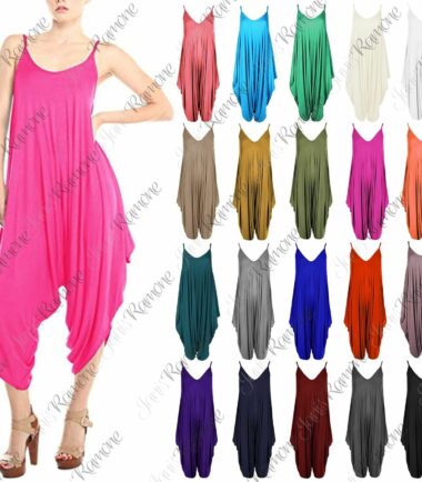 Womens Strappy Plain Cami Jumpsuit Italian Drape Baggy Harem Lagenlook Playsuit