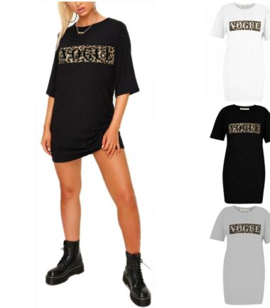 Womens Leopard Vogue Slogan Print Baggy Oversized Tunic Mini Long T-Shirt Dress