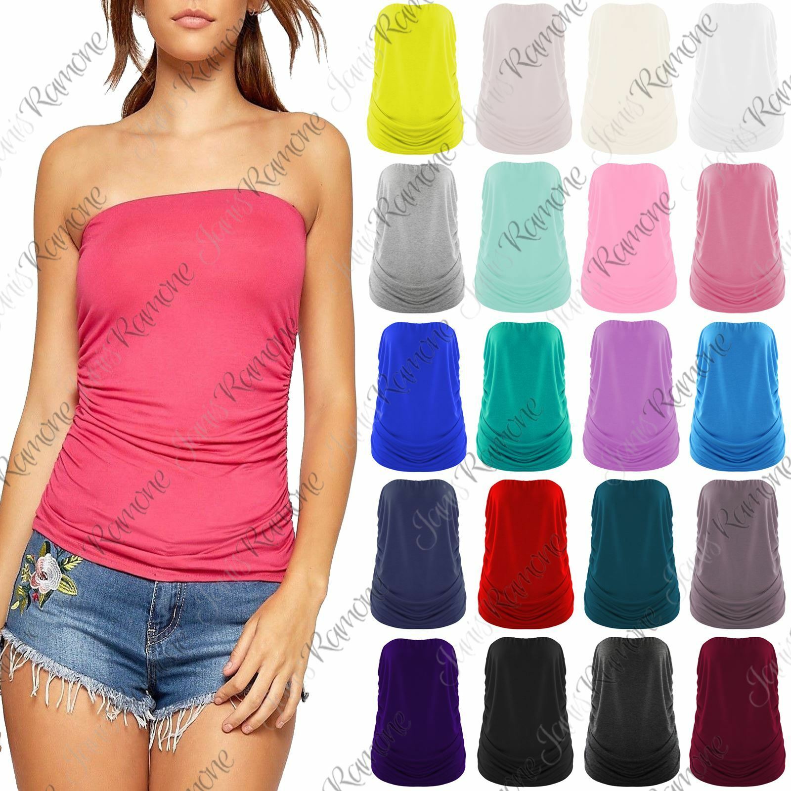 New-Womens-Plain-Boobtube-Bandeau-Strapless-Side-Ruched-Summer-Vest-T-Shirt-Top New Womens Plain Boobtube Bandeau Strapless Side Ruched Summer Vest T-Shirt Top