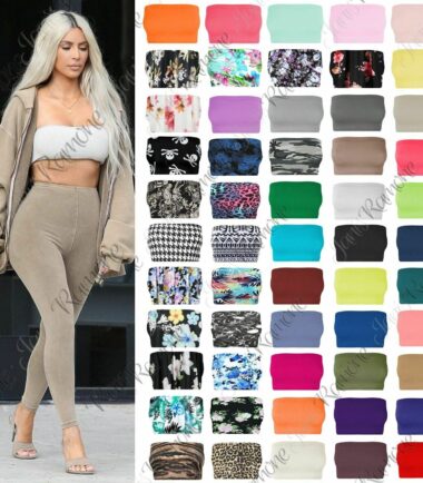 New Womens Plain Printed Boobtube Strapless Elastic Bandeau Vest Bra Crop Top