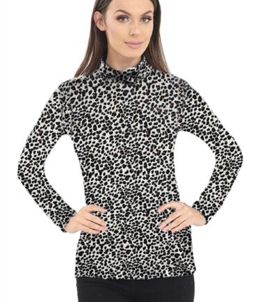 New Womens Leopard Print Long Sleeve Turtle Polo Neck T-Shirt Jersey Top UK 8-26
