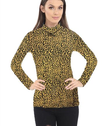 New Womens Leopard Print Long Sleeve Turtle Polo Neck T-Shirt Jersey Top UK 8-26