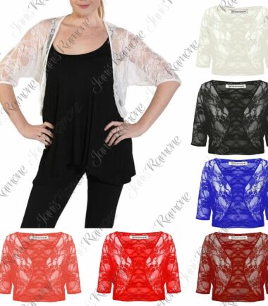 New Womens Floral Lace See Through 3/4 Sleeve Bolero Cardigan Cropped Shrug Top