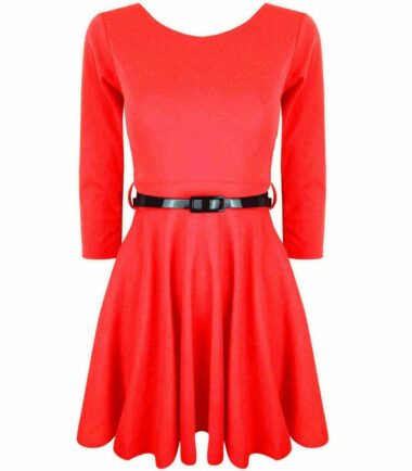 GIRLS LONG SLEEVE SWING SKATER DRESS BELTED FLARED KIDS CHILDRENS PARTY UNIFROM
