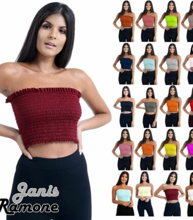 New Womens Smoken Strapless Gather Sheering Bandeau Shirred Boobtube Crop Tops