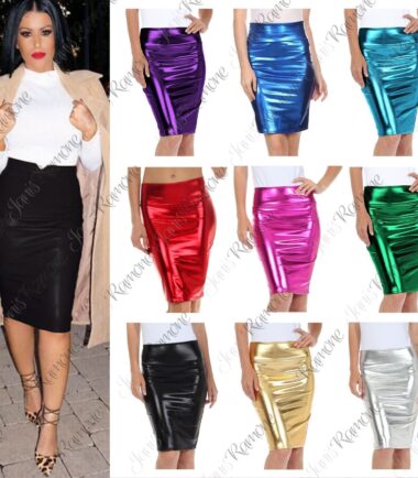 New-Women-High-Waist-Wetlook-PVC-Leather-Shiny-Metallic-Liquid-Pencil-Midi-Skirt New Women High Waist Wetlook PVC Leather Shiny Metallic Liquid Pencil Midi Skirt