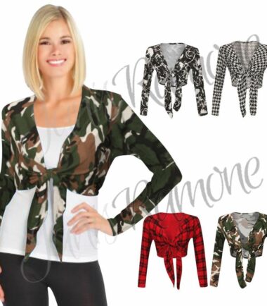 New Womens Tie Front V Neck Bolero Shrug Ladies Long Sleeve Printed Cardigan Top
