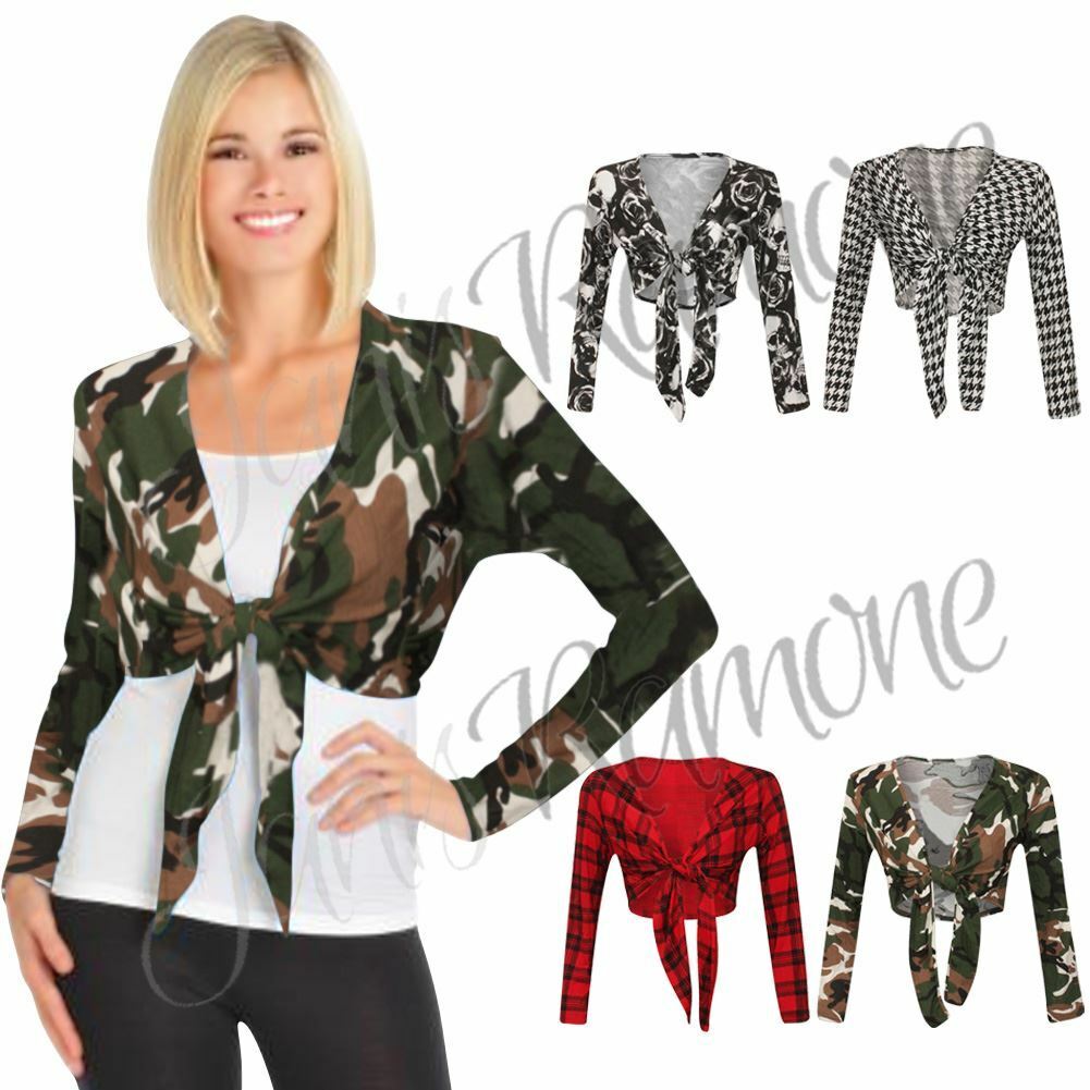 New-Womens-Tie-Front-V-Neck-Bolero-Shrug-Ladies-Long-Sleeve-Printed-Cardigan-Top New Womens Tie Front V Neck Bolero Shrug Ladies Long Sleeve Printed Cardigan Top