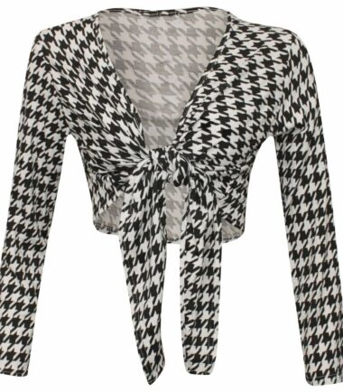 New-Womens-Tie-Front-V-Neck-Bolero-Shrug-Ladies-Long-Sleeve-Printed-Cardigan-Top New Womens Tie Front V Neck Bolero Shrug Ladies Long Sleeve Printed Cardigan Top
