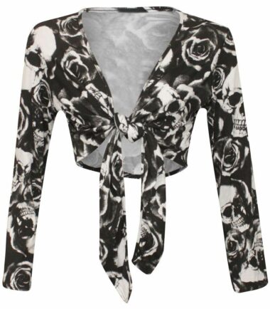 New-Womens-Tie-Front-V-Neck-Bolero-Shrug-Ladies-Long-Sleeve-Printed-Cardigan-Top New Womens Tie Front V Neck Bolero Shrug Ladies Long Sleeve Printed Cardigan Top