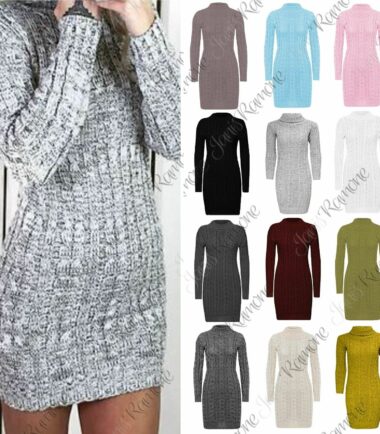 New Women Cowl Polo Neck Cable Knit Jumper Pullover Bodycon Mini Dress Tunic Top