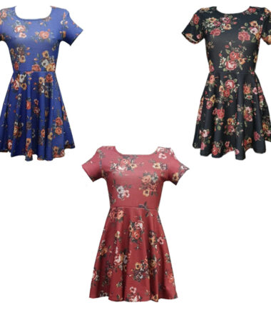 WOMENS FLORAL SKATER DRESS WAFFLE FABRIC LADIES PLUS SIZE FLARED PARTY FLOWER