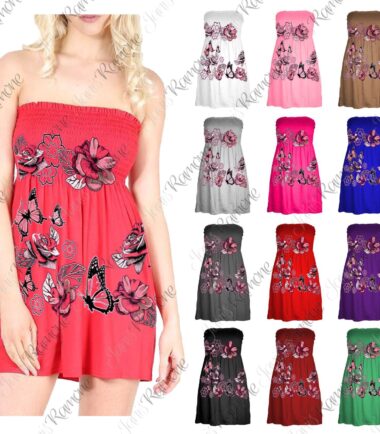 New Womens Butterfly Floral Print Bandeau Boobtube Sheering Flare Mini Dress Top